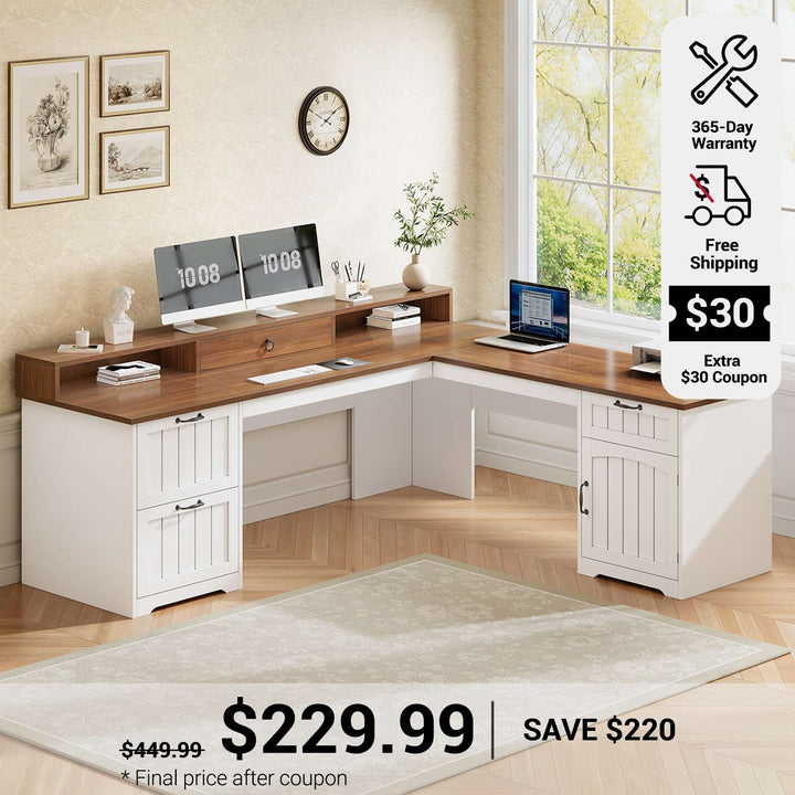 SEDETA 63 Inch Farmhouse Corner Computer Desk L Shaped Wood Desk with File Drawers Storage Monitor Stand for Home Office