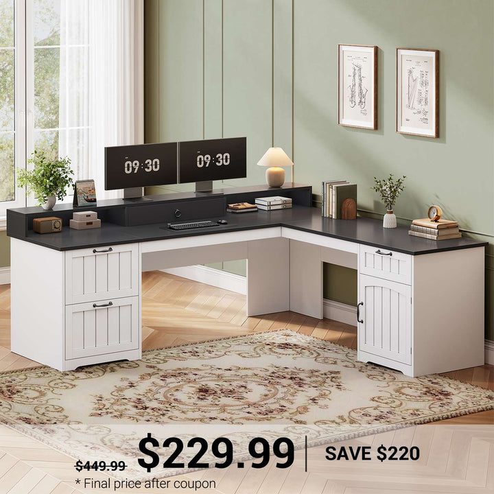 SEDETA 63 Inch Farmhouse Corner Computer Desk L Shaped Wood Desk with File Drawers Storage Monitor Stand for Home Office