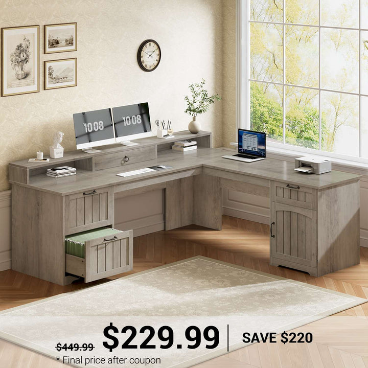 SEDETA 63 Inch Farmhouse Corner Computer Desk L Shaped Wood Desk with File Drawers Storage Monitor Stand for Home Office