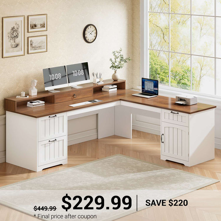 SEDETA 63 Inch Farmhouse Corner Computer Desk L Shaped Wood Desk with File Drawers Storage Monitor Stand for Home Office