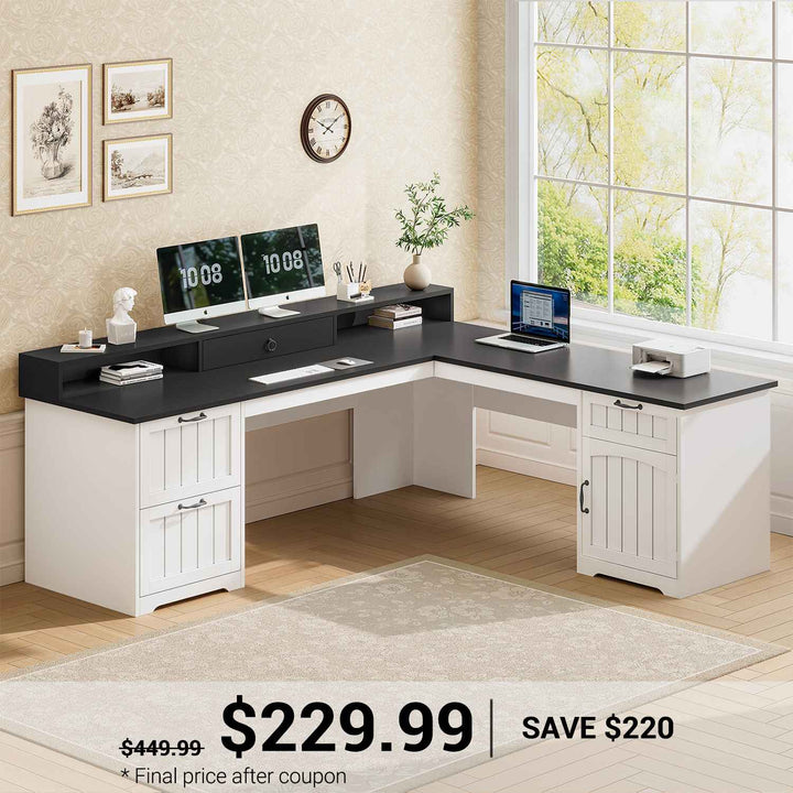 SEDETA 63 Inch Farmhouse Corner Computer Desk L Shaped Wood Desk with File Drawers Storage Monitor Stand for Home Office