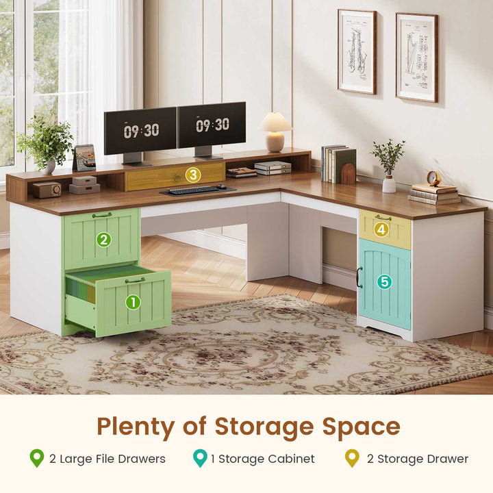 SEDETA 63 Inch Farmhouse Corner Computer Desk L Shaped Wood Desk with File Drawers Storage Monitor Stand for Home Office