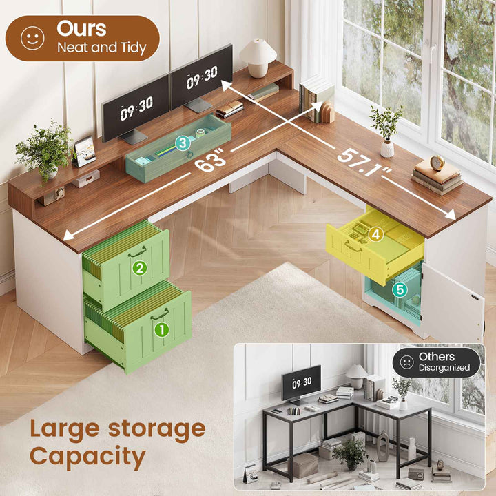 SEDETA 63 Inch Farmhouse Corner Computer Desk L Shaped Wood Desk with File Drawers Storage Monitor Stand for Home Office