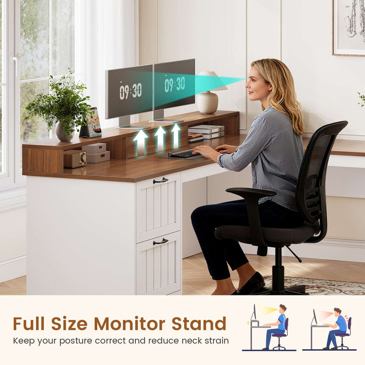 SEDETA 63 Inch Farmhouse Corner Computer Desk L Shaped Wood Desk with File Drawers Storage Monitor Stand for Home Office