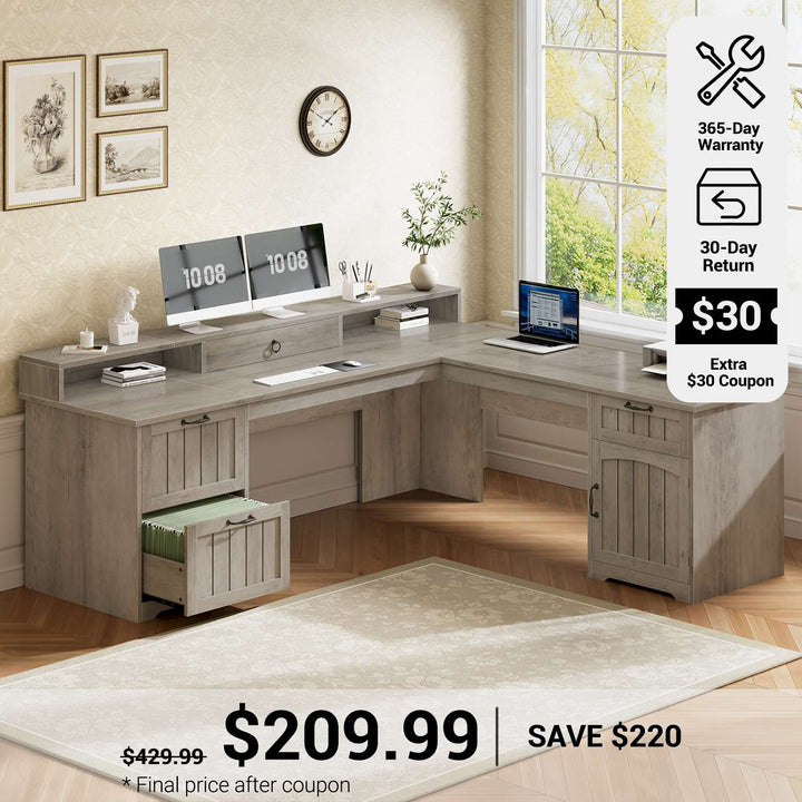 SEDETA® 63 Inch Farmhouse L Shaped Computer Desk Wood Ergonomic Office Desk with Storage File Drawers Monitor Stand