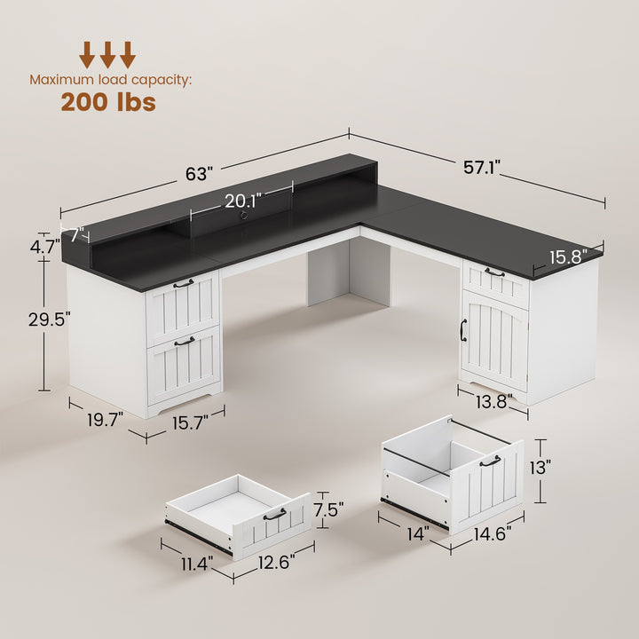 SEDETA 63 Inch Farmhouse Corner Computer Desk L Shaped Wood Desk with File Drawers Storage Monitor Stand for Home Office