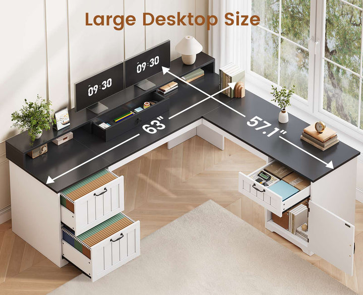 SEDETA 63 Inch Farmhouse Corner Computer Desk L Shaped Wood Desk with File Drawers Storage Monitor Stand for Home Office