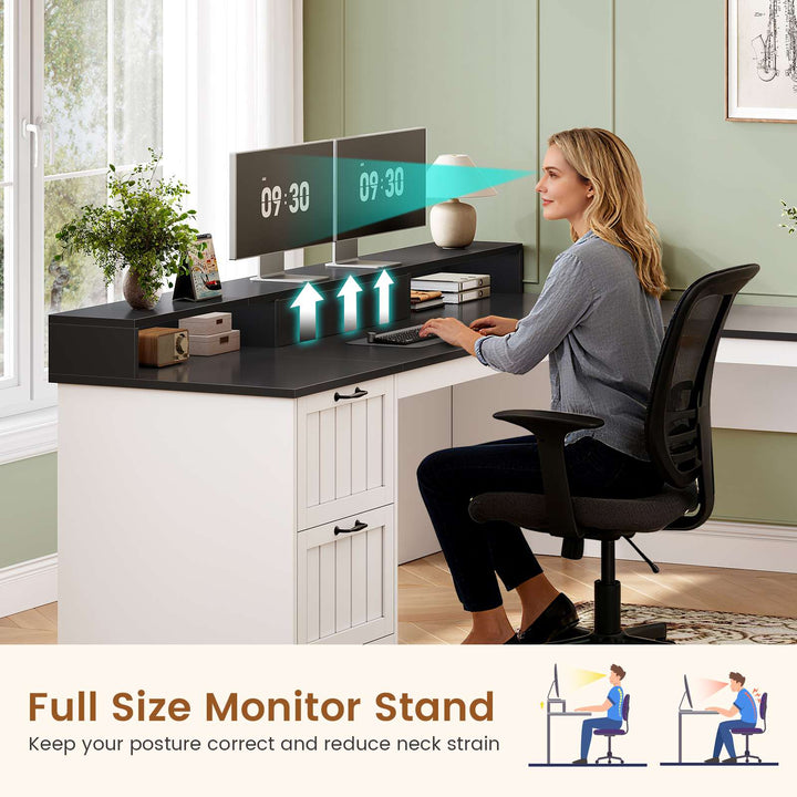 SEDETA 63 Inch Farmhouse Corner Computer Desk L Shaped Wood Desk with File Drawers Storage Monitor Stand for Home Office