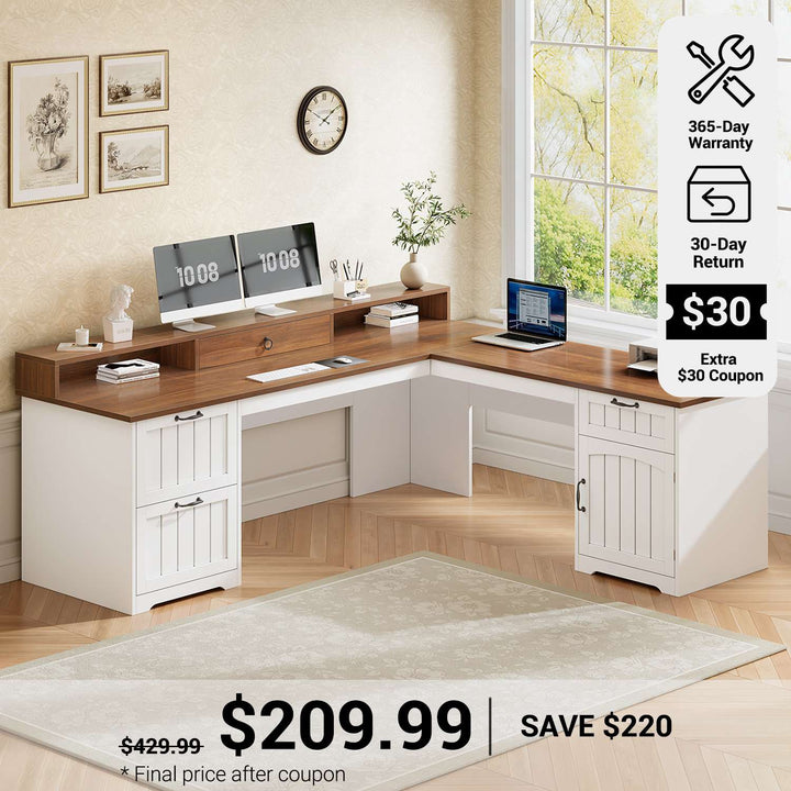 SEDETA® 63 Inch Farmhouse L Shaped Computer Desk Wood Ergonomic Office Desk with Storage File Drawers Monitor Stand