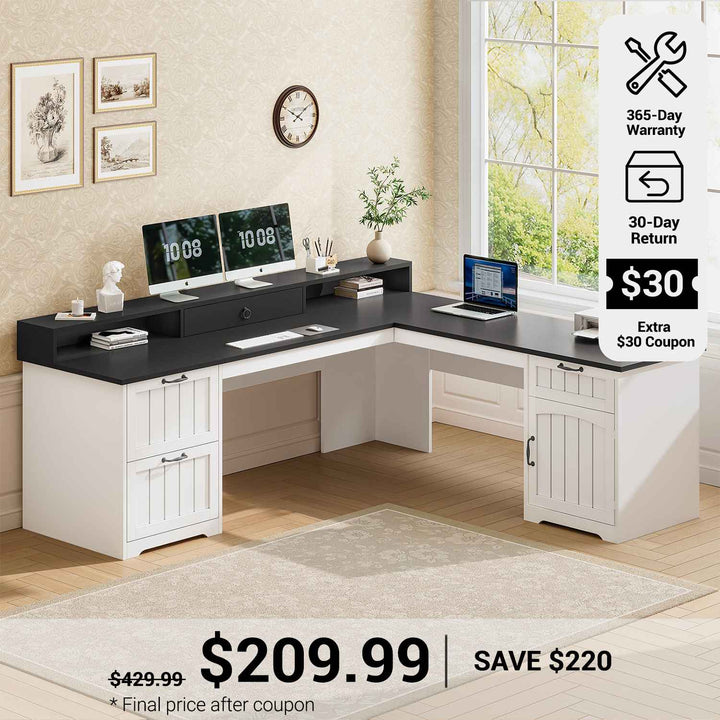 SEDETA® 63 Inch Farmhouse L Shaped Computer Desk Wood Ergonomic Office Desk with Storage File Drawers Monitor Stand