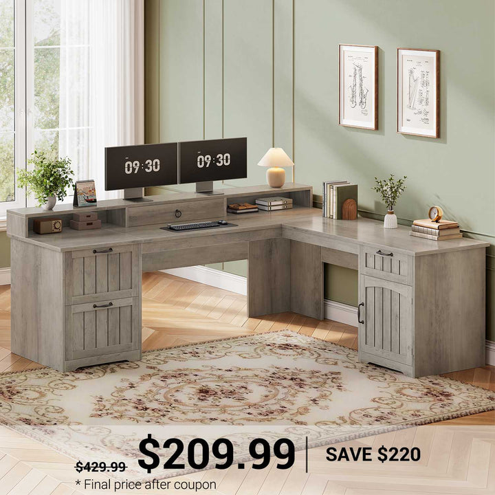 SEDETA | 63 Inch Farmhouse Wood Corner Ergonomic Computer Desk Home Office Desk with Storage File Drawers Monitor Stand