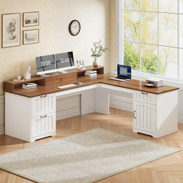 SEDETA 63 Inch Farmhouse Corner Computer Desk L Shaped Wood Desk with File Drawers Storage Monitor Stand for Home Office
