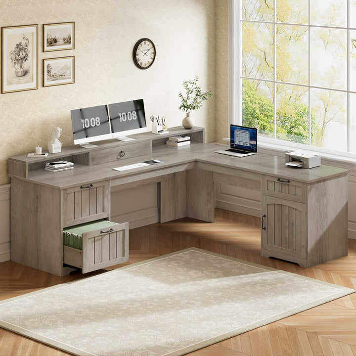SEDETA 63 Inch Farmhouse Corner Computer Desk L Shaped Wood Desk with File Drawers Storage Monitor Stand for Home Office