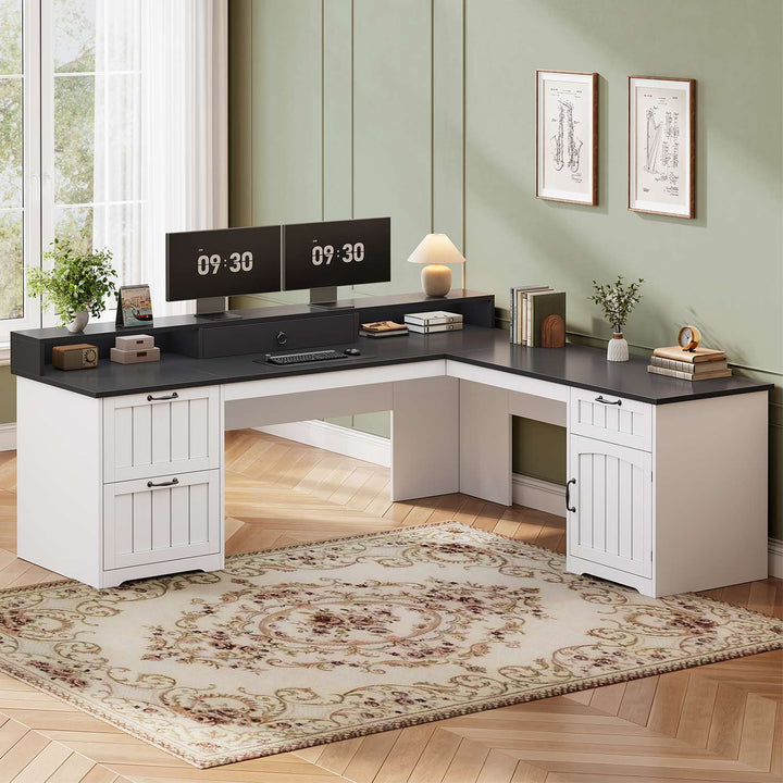 SEDETA 63 Inch Farmhouse Corner Computer Desk L Shaped Wood Desk with File Drawers Storage Monitor Stand for Home Office