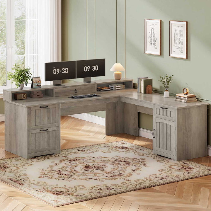 SEDETA 63 Inch Farmhouse Corner Computer Desk L Shaped Wood Desk with File Drawers Storage Monitor Stand for Home Office