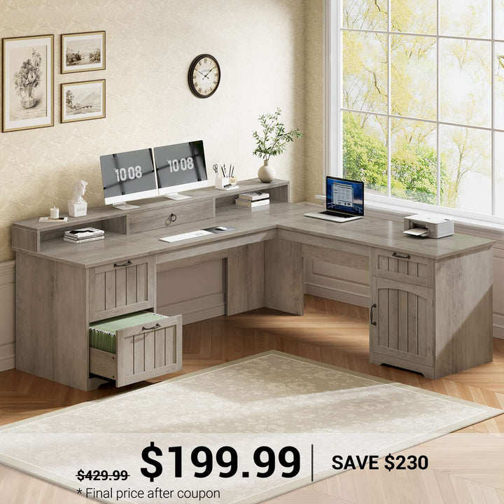 SEDETA® 63 Inch Farmhouse L Shaped Computer Desk Wood Ergonomic Office Desk with Storage File Drawers Monitor Stand