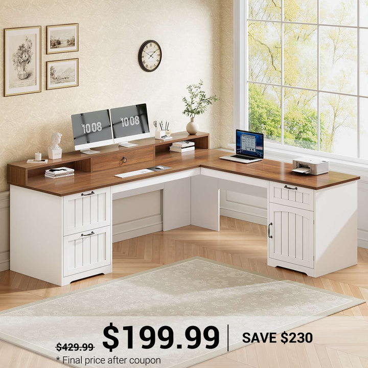 SEDETA® 63 Inch Farmhouse L Shaped Computer Desk Wood Ergonomic Office Desk with Storage File Drawers Monitor Stand