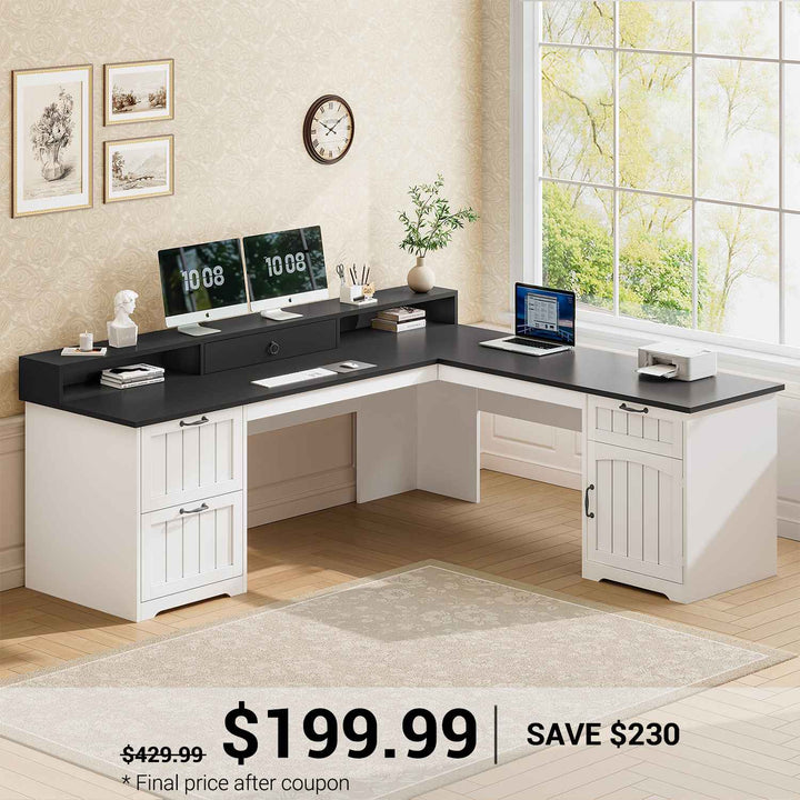 SEDETA® 63 Inch Farmhouse L Shaped Computer Desk Wood Ergonomic Office Desk with Storage File Drawers Monitor Stand