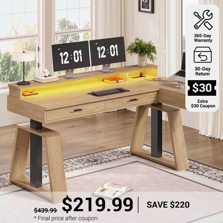 SEDETA® 59 Inch Electric Standing Desk L Shaped Height Adjustable Ergonomic Executive Computer Desk with Power Outlets Drawers