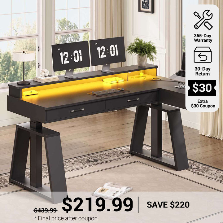 SEDETA® 59 Inch Electric Standing Desk L Shaped Height Adjustable Ergonomic Executive Computer Desk with Power Outlets Drawers