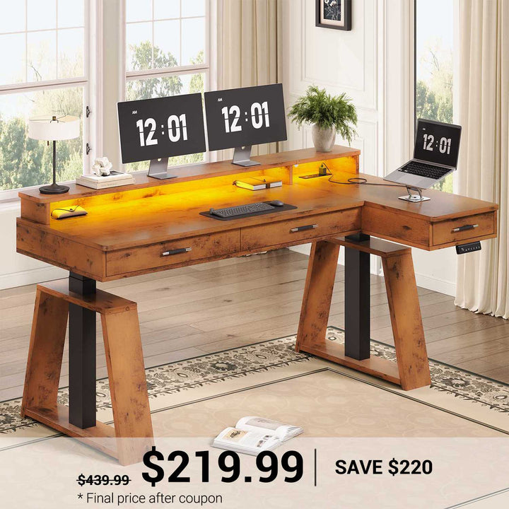 SEDETA® 59 Inch Electric Standing Desk L Shaped Height Adjustable Ergonomic Executive Computer Desk with Power Outlets Drawers