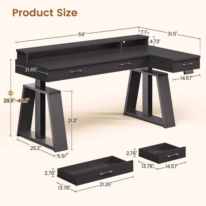 SEDETA 59 Inch L Shaped Electric Standing Desk Executive Height Adjustable Computer Desk with Drawers Power Outlets Monitor Stand