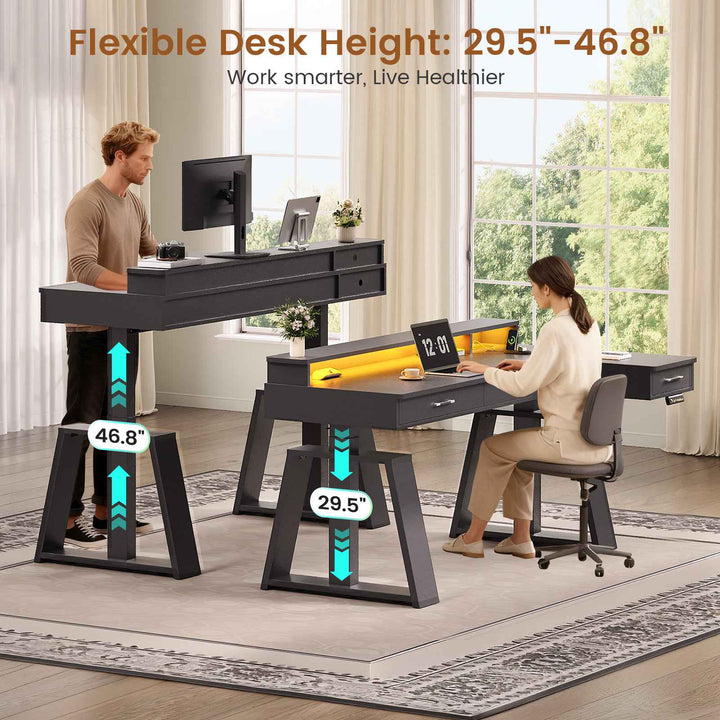SEDETA 59 Inch L Shaped Electric Standing Desk Executive Height Adjustable Computer Desk with Drawers Power Outlets Monitor Stand