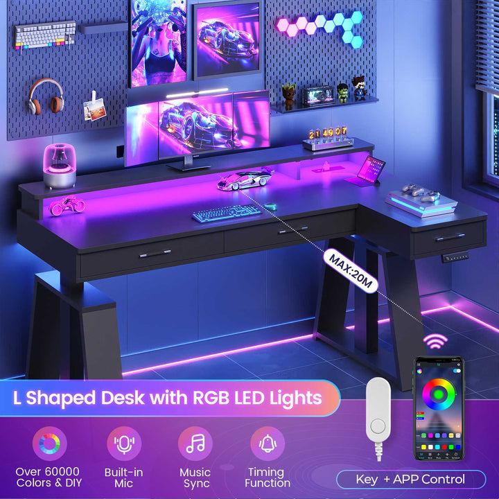 SEDETA 59 Inch L Shaped Electric Standing Desk Executive Height Adjustable Computer Desk with Drawers Power Outlets Monitor Stand