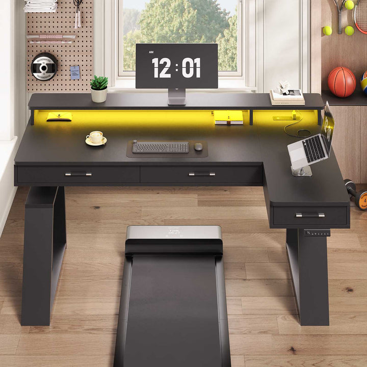 SEDETA 59 Inch L Shaped Electric Standing Desk Executive Height Adjustable Computer Desk with Drawers Power Outlets Monitor Stand