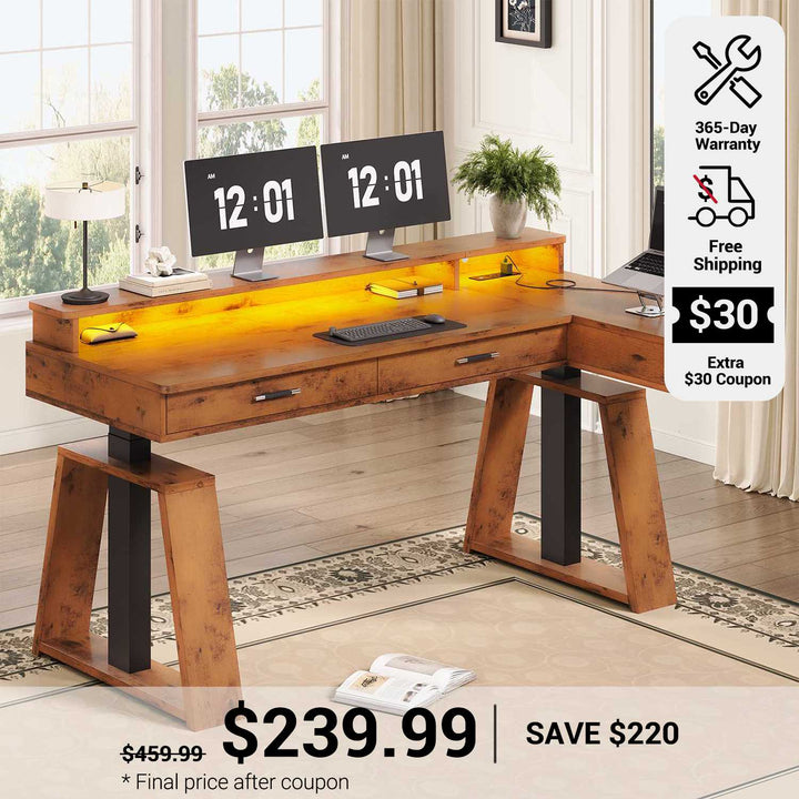 SEDETA 59 Inch L Shaped Electric Standing Desk Executive Height Adjustable Computer Desk with Drawers Power Outlets Monitor Stand