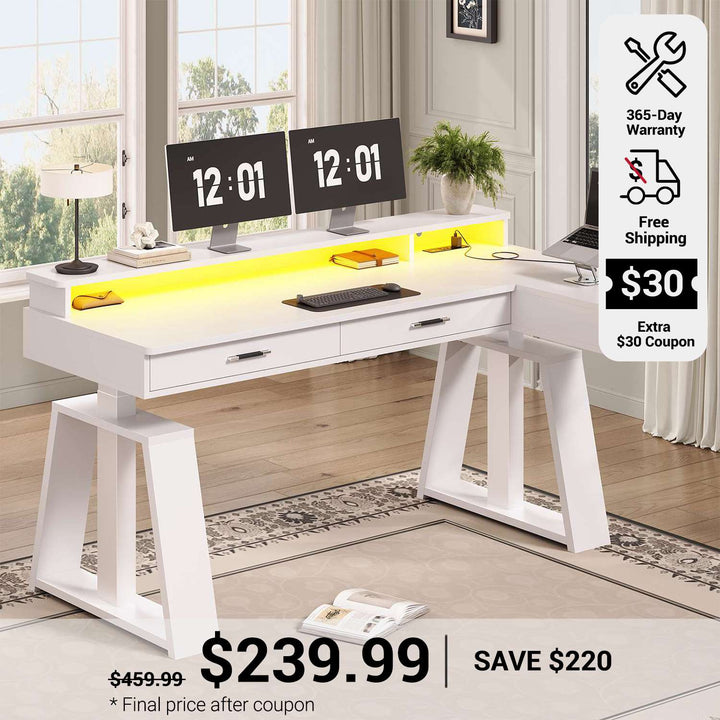 SEDETA 59 Inch L Shaped Electric Standing Desk Executive Height Adjustable Computer Desk with Drawers Power Outlets Monitor Stand