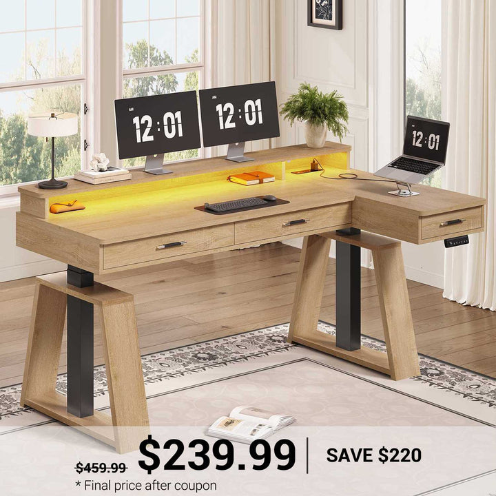 SEDETA 59 Inch L Shaped Electric Standing Desk Executive Height Adjustable Computer Desk with Drawers Power Outlets Monitor Stand