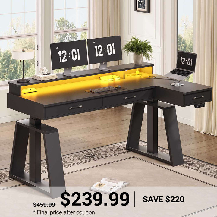 SEDETA 59 Inch L Shaped Electric Standing Desk Executive Height Adjustable Computer Desk with Drawers Power Outlets Monitor Stand
