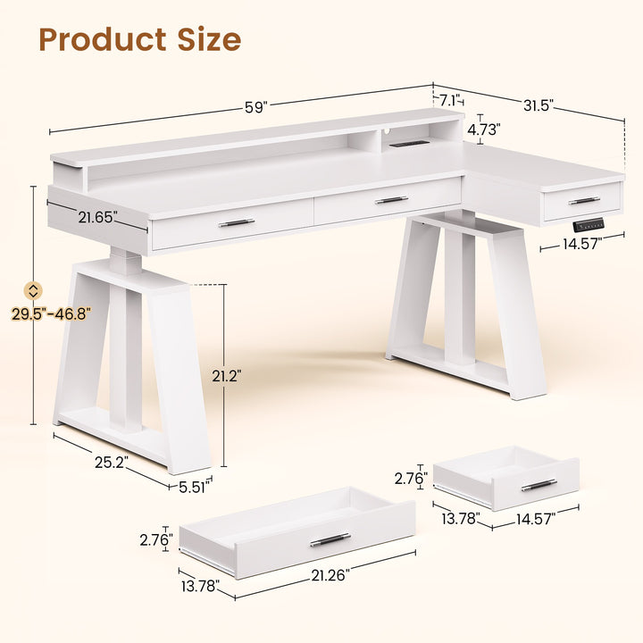 SEDETA 59 Inch L Shaped Electric Standing Desk Executive Height Adjustable Computer Desk with Drawers Power Outlets Monitor Stand