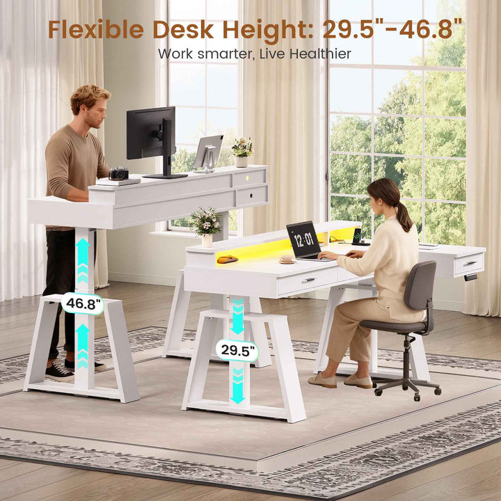 SEDETA 59 Inch L Shaped Electric Standing Desk Executive Height Adjustable Computer Desk with Drawers Power Outlets Monitor Stand