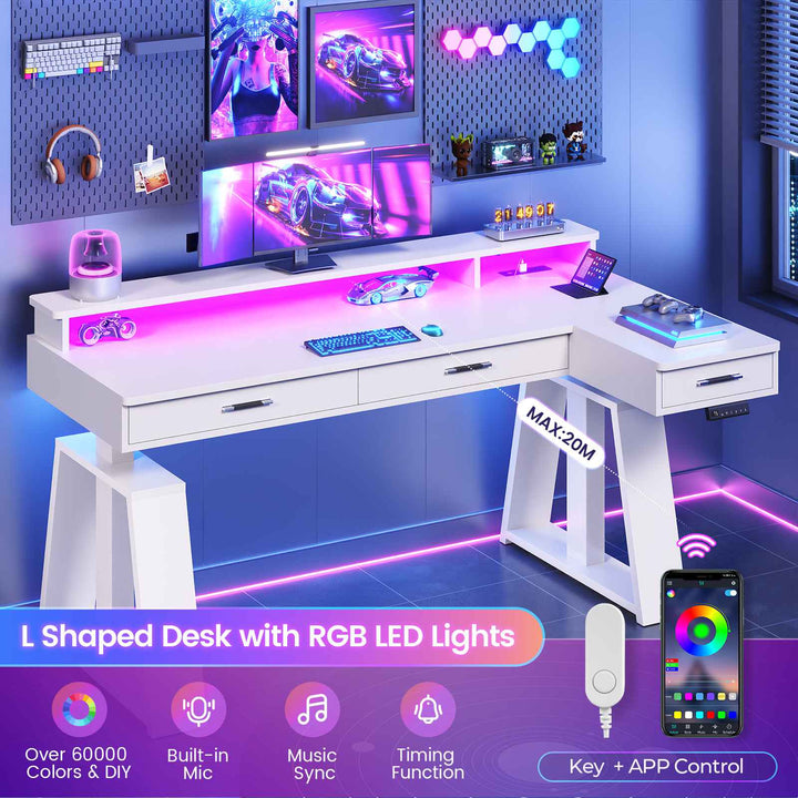 SEDETA 59 Inch L Shaped Electric Standing Desk Executive Height Adjustable Computer Desk with Drawers Power Outlets Monitor Stand