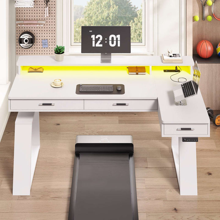 SEDETA 59 Inch L Shaped Electric Standing Desk Executive Height Adjustable Computer Desk with Drawers Power Outlets Monitor Stand