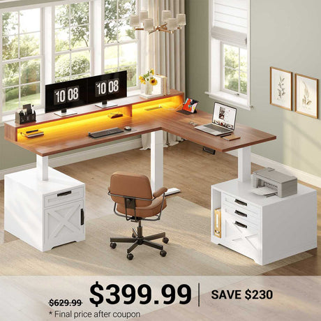SEDETA | 70.1 Inch Electric Standing Desk Height Adjustable Farmhouse L Shaped Computer Desk with Drawers Power Outlet Monitor Printer Stand Led Lights