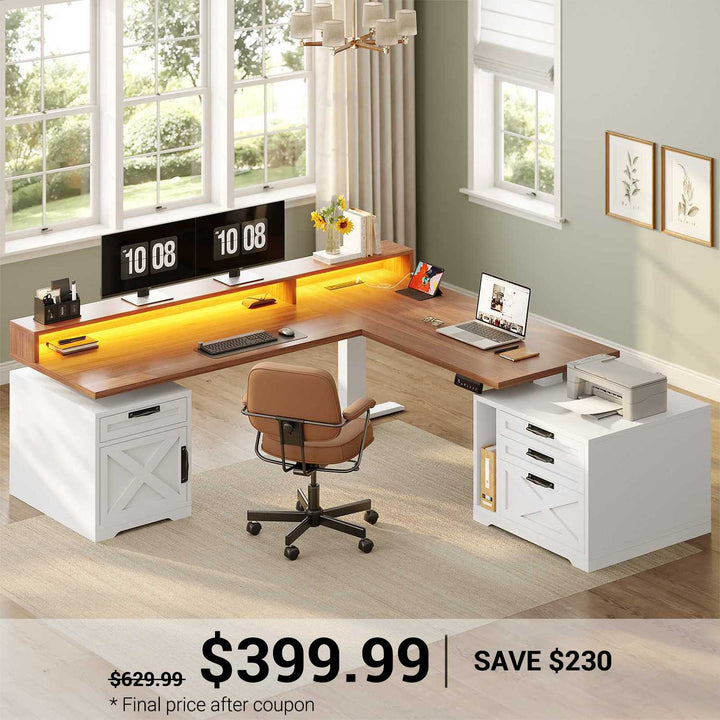 SEDETA® 70.1 Inch Farmhouse L Shaped Standing Desk Electric Height Adjustable Ergonomic Computer Desk with Drawers Power Outlet Printer Stand Monitor Stand