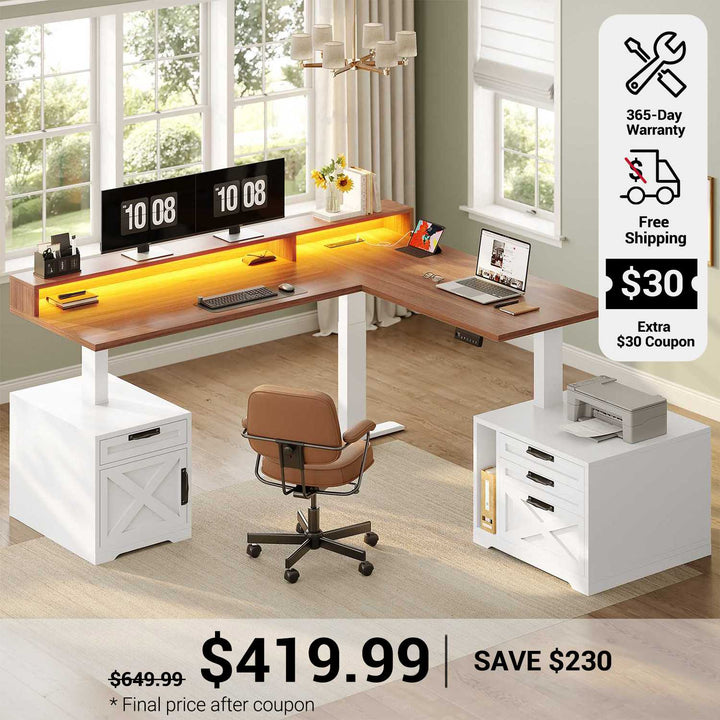 SEDETA 70.1 Inch Farmhouse L Shaped Standing Desk Electric Height Adjustable Executive Desk with Drawers Power Outlet Printer Stand Monitor Stand Led Lights