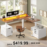 SEDETA 70.1 Inch Farmhouse L Shaped Standing Desk Electric Height Adjustable Executive Desk with Drawers Power Outlet Printer Stand Monitor Stand Led Lights