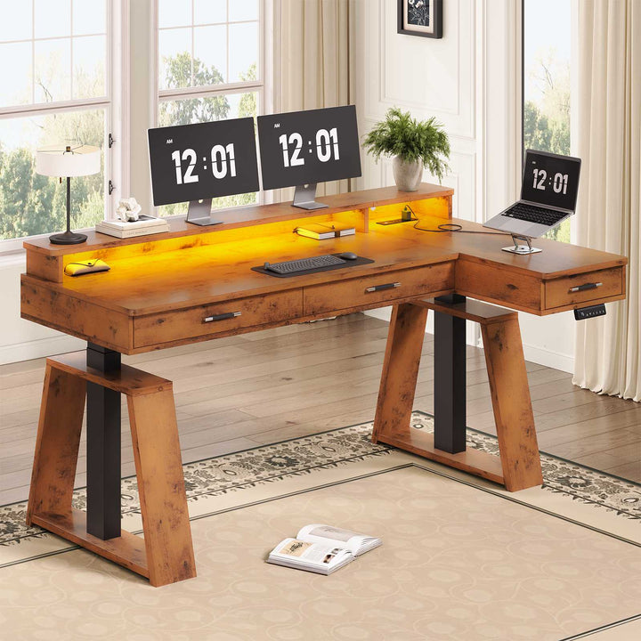 SEDETA 59 Inch L Shaped Electric Standing Desk Executive Height Adjustable Computer Desk with Drawers Power Outlets Monitor Stand