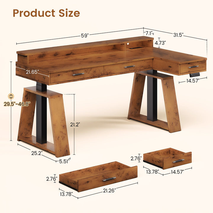 SEDETA 59 Inch L Shaped Electric Standing Desk Executive Height Adjustable Computer Desk with Drawers Power Outlets Monitor Stand