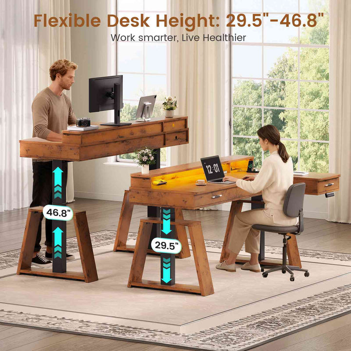 SEDETA 59 Inch L Shaped Electric Standing Desk Executive Height Adjustable Computer Desk with Drawers Power Outlets Monitor Stand