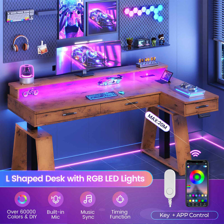 SEDETA 59 Inch L Shaped Electric Standing Desk Executive Height Adjustable Computer Desk with Drawers Power Outlets Monitor Stand