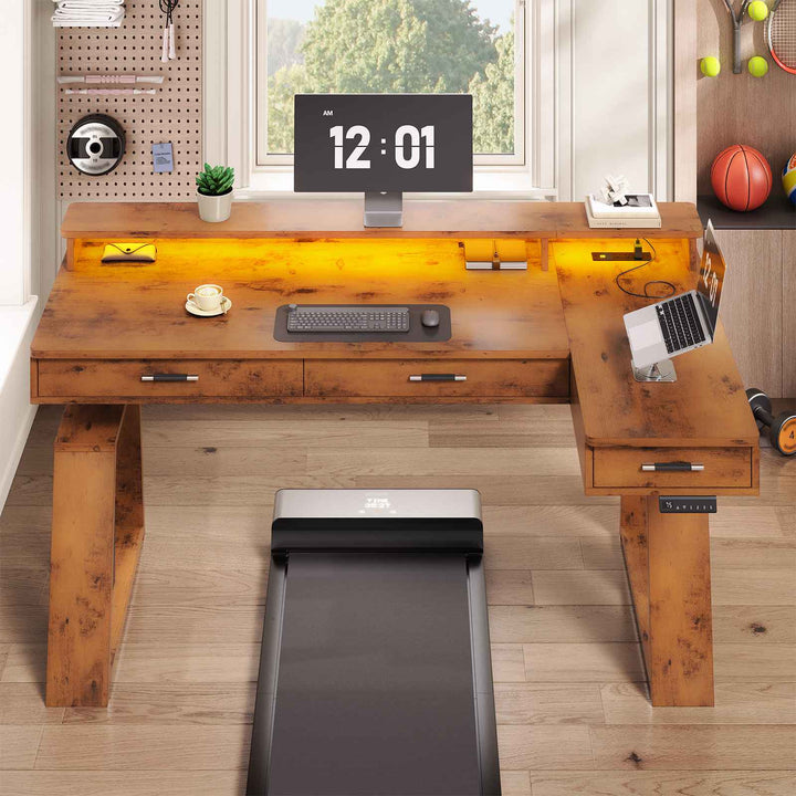 SEDETA 59 Inch L Shaped Electric Standing Desk Executive Height Adjustable Computer Desk with Drawers Power Outlets Monitor Stand