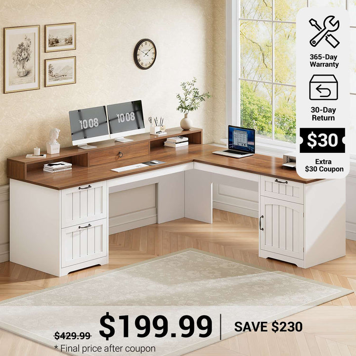 SEDETA® 63 Inch Farmhouse L Shaped Computer Desk Wood Ergonomic Office Desk with Storage File Drawers Monitor Stand