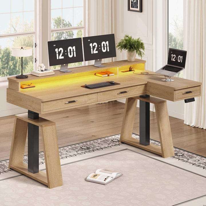 SEDETA 59 Inch L Shaped Electric Standing Desk Executive Height Adjustable Computer Desk with Drawers Power Outlets Monitor Stand