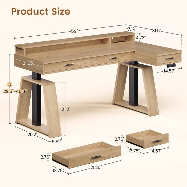 SEDETA 59 Inch L Shaped Electric Standing Desk Executive Height Adjustable Computer Desk with Drawers Power Outlets Monitor Stand