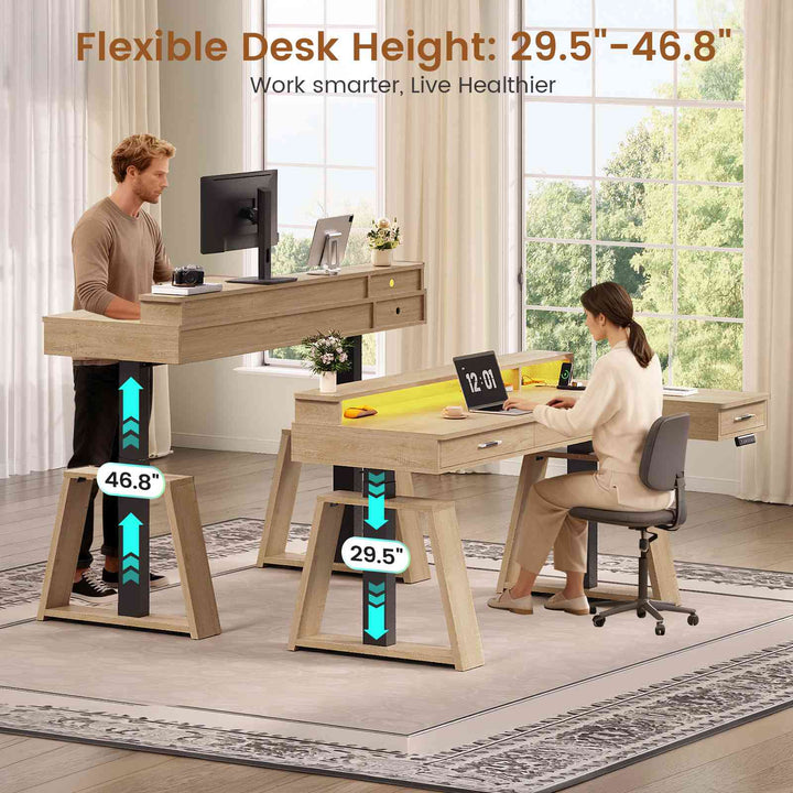 SEDETA 59 Inch L Shaped Electric Standing Desk Executive Height Adjustable Computer Desk with Drawers Power Outlets Monitor Stand